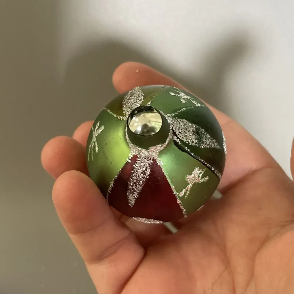 Vintage Hand Painted Blown Glass Teardrop Christmas Ornament Glitter Snowflake